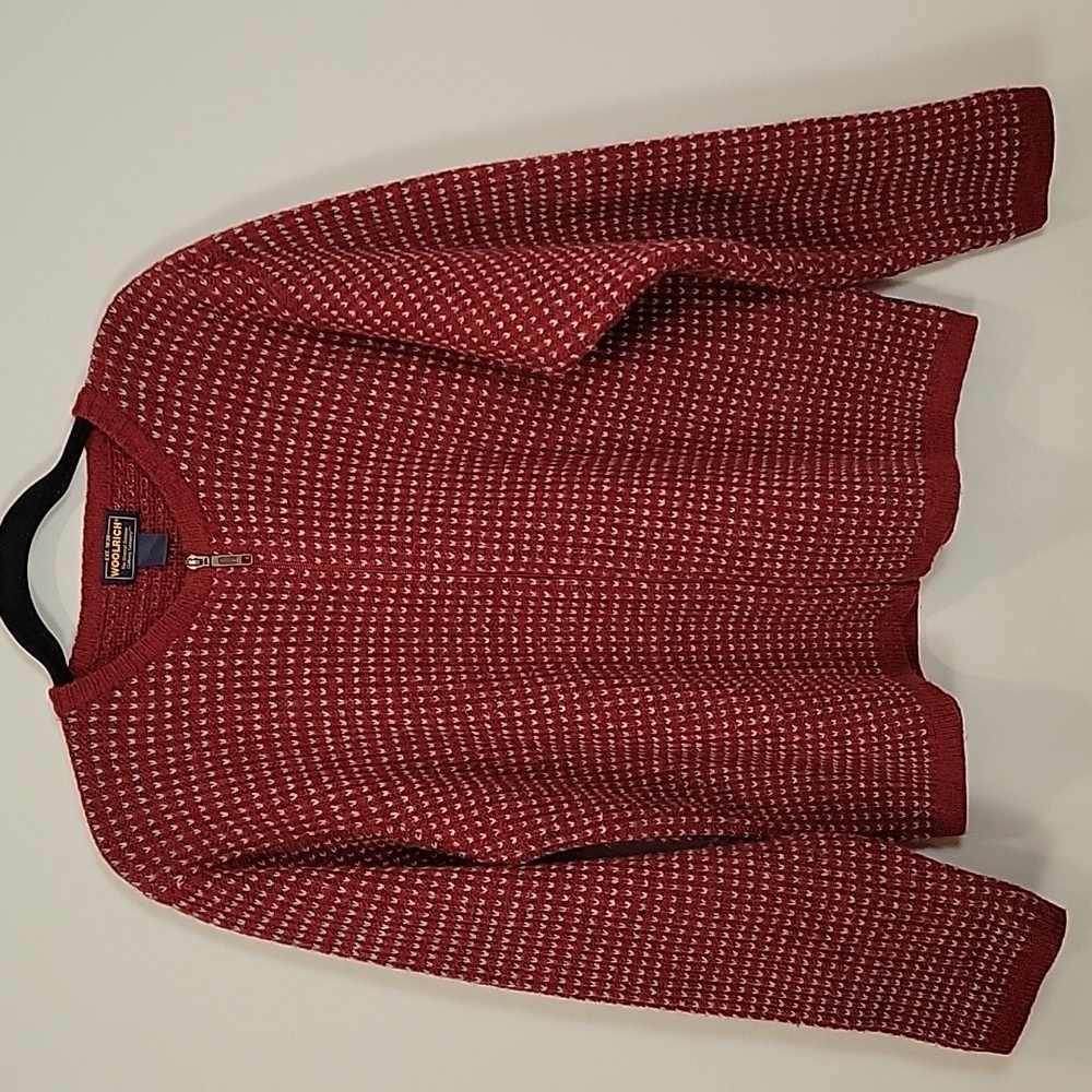 Woolrich Ruby Red All Over Design Wool Zip Up‎ Sweater Cardigan Large